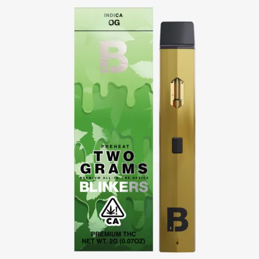 Blinkers 2G Disposable (OG Indica) delivers soothing relaxation with 2g of premium cannabis oil in a sleek, portable design.