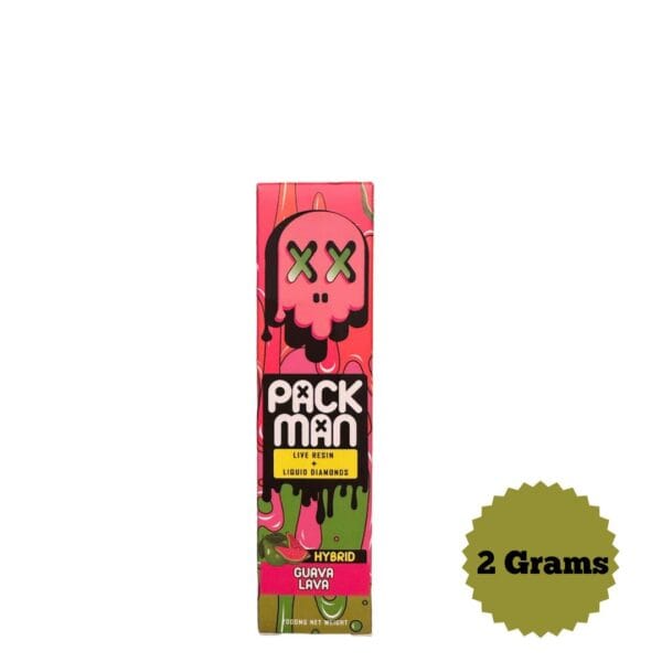 Experience Packman Guava Lava: a tropical hybrid with guava, mango flavors, balanced effects, and vibrant, resin-coated buds.