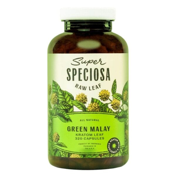 Super Speciosa Green Malay Kratom Capsules offer balanced energy, focus, and relaxation in a convenient 320-count bulk supply.