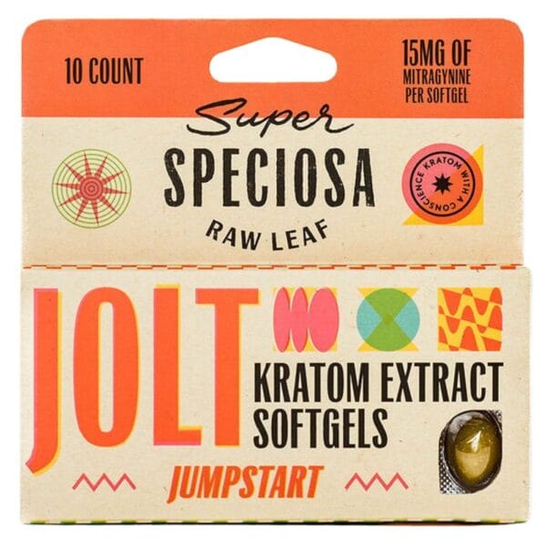 Super Speciosa Jolt Kratom Extract Softgels provide an energizing boost with precise dosing, offering 10ct of potent kratom.