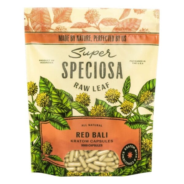 Super Speciosa Red Bali Kratom Capsules offer 1000ct of calming, stress-relieving kratom for relaxation, mood enhancement, and comfort.