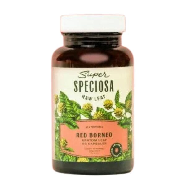 Super Speciosa Red Borneo Kratom Capsules provide calming, stress-relieving benefits in a convenient, lab-tested 60-count bottle.