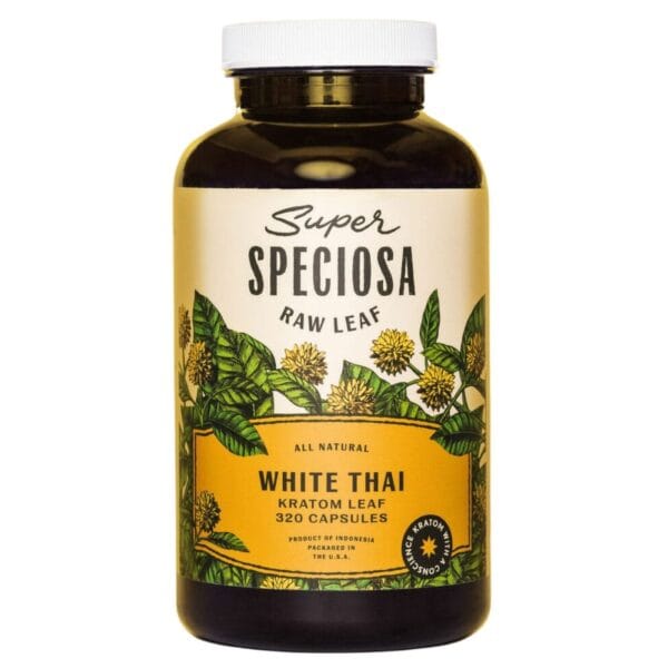 Super Speciosa White Thai Kratom Capsules offer 320ct of energizing, focus-boosting kratom for enhanced productivity and mental clarity.