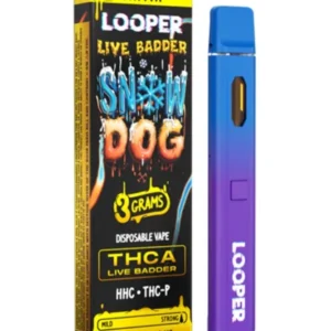 Experience the potent Snow Dog Looper Live Badder disposable vape. A powerful blend of THC-A, HHC & THC-P for a premium, long-lasting effect.